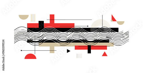 broadcast transmission field with bold textured layers, black and white wave lines interacting with grain texture and red and beige geometric shapes, thin