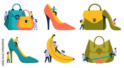 Flat vector illustration of miniature people interacting with fashion accessories