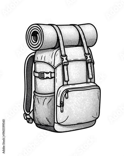 A compact backpack with a rolled sleeping mat attached on top, engraved-style linework with halftone dot texture, black and white illustration, newspaper-style