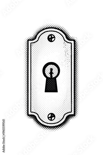 A vintage escutcheon plate with a central keyhole and clean retro engraving lines, enlarged with generous negative space, black and white halftone