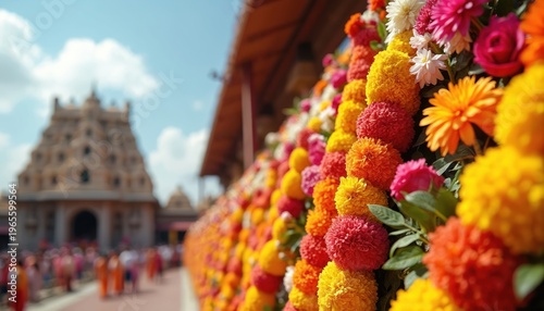 Colorful floral garlands decorate temple exterior during Indian festival celebration. People gather for religious event near ornate Hindu architecture under blue sky.