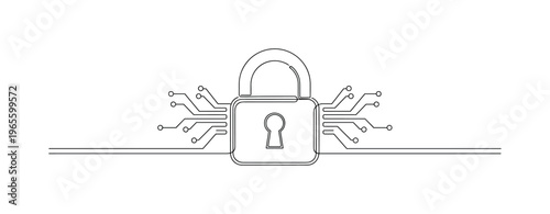 Data Security with Lock. Minimalistic one-line drawing closed padlock centered with subtle digital circuit lines extending outward, continuous single black
