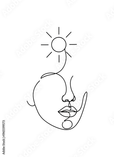 Sun and Soul. Minimalistic one-line drawing a woman face with a minimal sun hovering above, continuous single black line on white background, simple outline