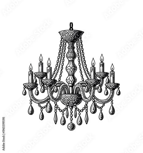 A chandelier simplified into a single object with hanging elements and engraved texture, black and white halftone illustration, vintage engraving aesthetic,