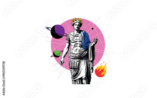roman statue floating in cosmic space with planets around, large pink circle and diagonal grid lines in background, symbolic conceptual composition, high