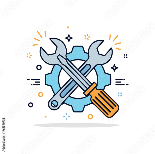 Repairing tools concept with a wrench and screwdriver crossed over a gear with small spark accents conveying maintenance, fixing, and reliability. Minimalist