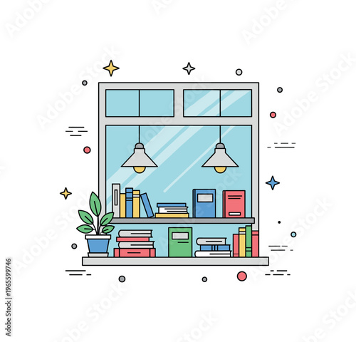 Book window scene a small storefront window showcasing books with a clean arrangement and minimal decorative accents. A calm and inviting visual of everyday