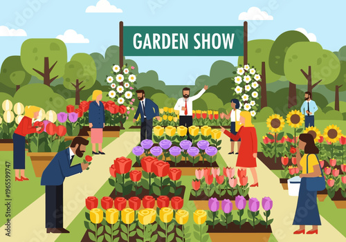People admiring vibrant flowers at a lively garden show.