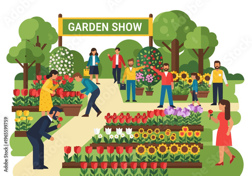 People enjoying a vibrant garden show with various flowers.