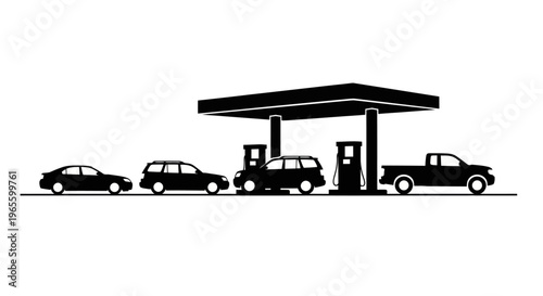 Black and White Silhouette of Cars at Gas Station - Automotive Industry