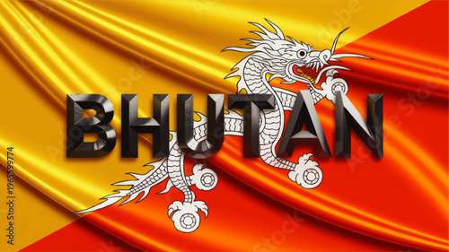 Bhutan flag with silver dragon and bold black 3D text on golden orange silk fabric background, national pride travel design
