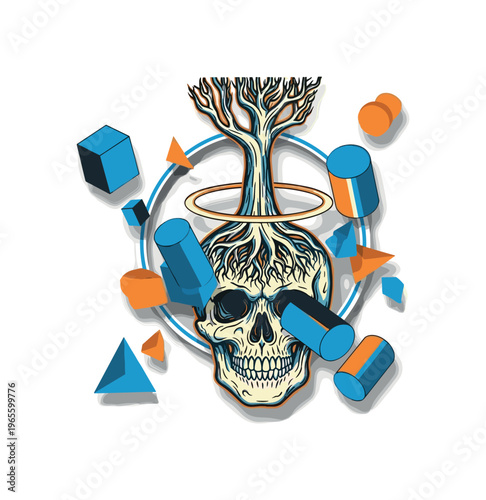 surreal skull with roots and branches emerging upward as a tree, blue and orange geometric blocks intersecting the composition, circular halo element around