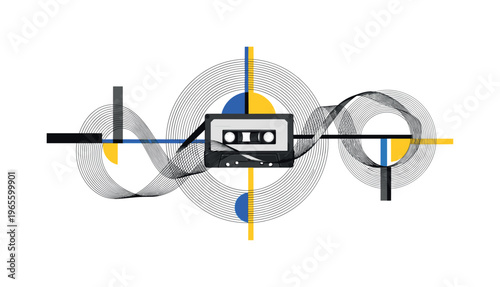 cassette tape with unraveling audio ribbon forming abstract curves, black and white tape with flowing lines and circular elements, geometric shapes like