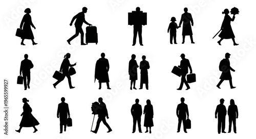 Black  White Silhouettes of People Walking with Luggage, Travel Icons