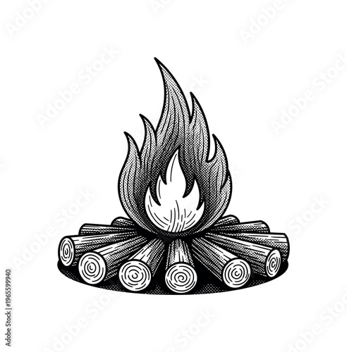 A simple flame icon with engraved texture emerging from a circular base of logs, black and white halftone illustration, visible dot pattern shading, vintage