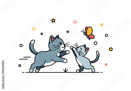 Happy kitten chase a tiny cat excitedly reaching for a butterfly with a joyful expression and minimal decorative accents. A cheerful and dynamic illustration