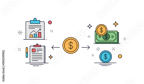 Freelance income flow concept centered on tasks converting into payment symbols with subtle arrows conveying productivity, results, and financial independence.