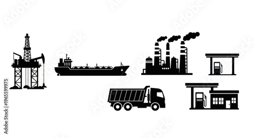 Black  White Icons: Oil Rig, Tanker, Factory, Truck, Gas Station