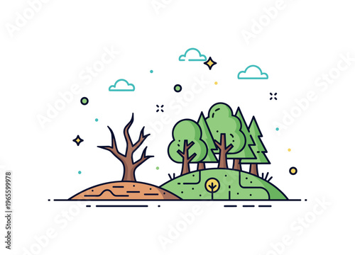 Reforestation progress concept showing barren land transitioning into green forest with subtle growth lines conveying change, sustainability, and hope.
