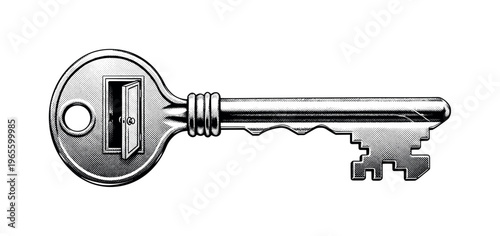A symbolic skeleton key with elongated shaft and aged engraving suggesting access to a hidden door, isolated in minimal composition, black and white halftone
