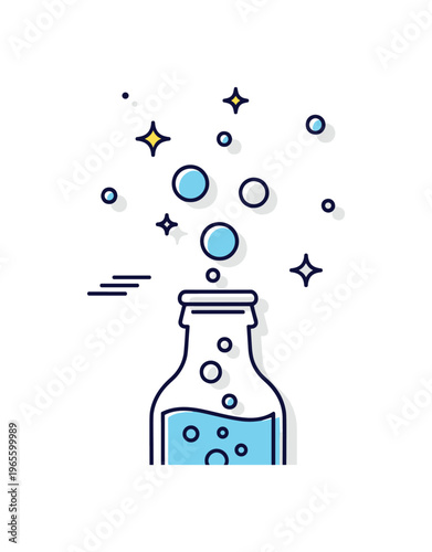 Carbonation detail concept with bubbles rising from a bottle neck and small decorative dots expressing effervescence and freshness. Minimalist flat vector
