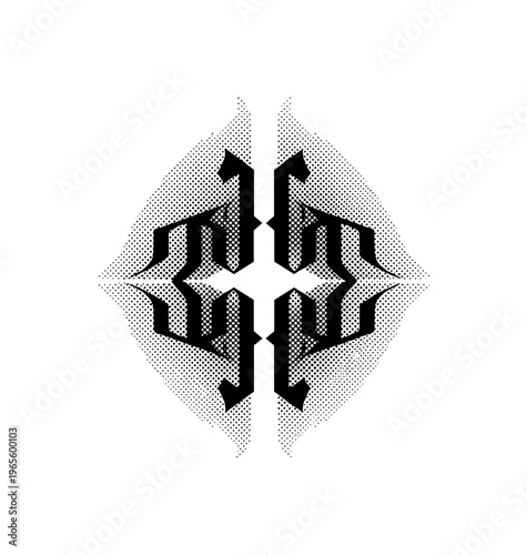 A stylized gothic plate emblem with bold contours and intricate engraved motifs, presented centrally with minimal composition, black and white halftone