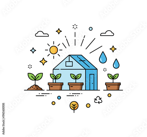 Indoor plant growing concept centered on a greenhouse structure with seedlings, sun rays, and water droplets expressing nurturing, sustainability, and plant