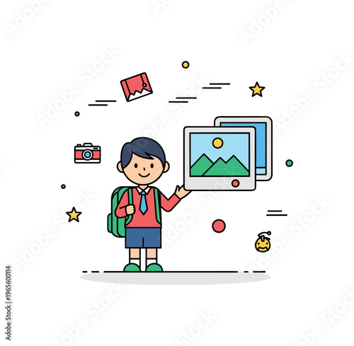 School photo moment with a student posing with a backpack and subtle camera icon conveying memories, milestones, and childhood moments. Minimalist flat vector