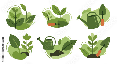 Flat Design Garden Icons: Plants, Watering Can, Trowel, Seedling