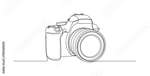Professional Photography Concept. Minimalistic one-line drawing DSLR camera silhouette with clean lens outline, continuous single black line on white