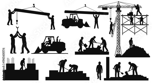 Construction Site Silhouettes: Workers, Crane, and Machinery