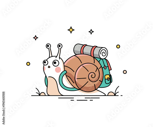 Snail explorer a tiny snail with a backpack looking ahead with a curious expression and minimal ground detail. A soft and friendly illustration of exploration