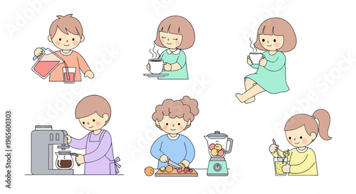 Children preparing healthy drinks and snacks, Flat Illustration