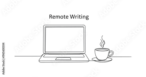 Remote Writing Concept. Minimalistic one-line drawing laptop on desk with steaming coffee cup beside, continuous single black line on white background, simple