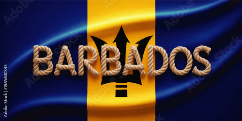Barbados flag illustration with rope text typography and trident symbol, nautical travel background for tourism and Caribbean island design