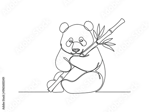 Soft Moment. Minimalistic one-line drawing a panda cuddling bamboo with rounded contours, continuous single black line on white background, simple outline
