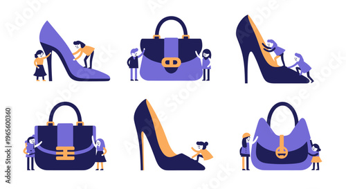 Flat Style Little People with Fashionable Handbags and High Heels