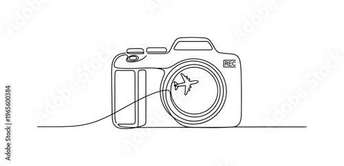 Travel Vlogging Concept. Minimalistic one-line drawing camera with tiny airplane silhouette accent near lens and subtle recording icon, continuous single black