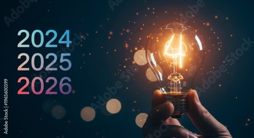 Hand holding glowing lightbulb with 2024 2025 2026 new year countdown concept for innovation and future planning
