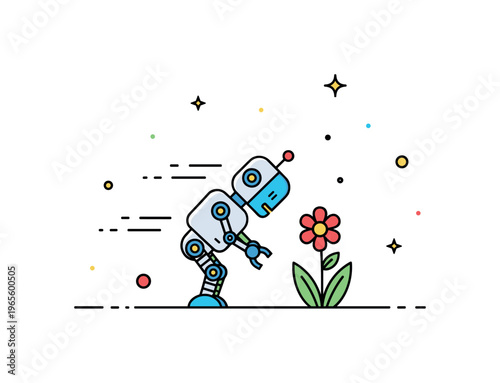 Cute automation nature a tiny robot bending slightly to pick a flower with gentle motion lines and soft decorative accents. The scene conveys curiosity and