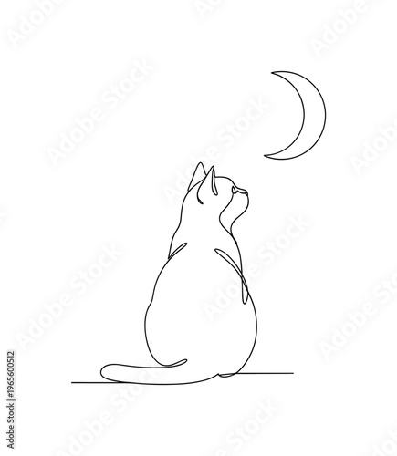Night Gaze. Minimalistic one-line drawing a cat staring at the moon in a calm seated pose, continuous single black line on white background, simple outline