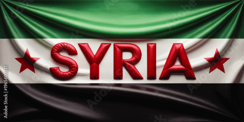 Syria flag illustration with red 3D text and stars on green white and black fabric background, patriotic Middle East banner design