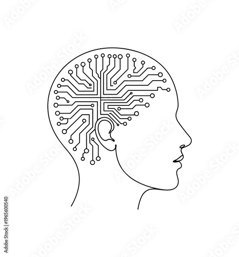 Machine Learning with Algorithms. Minimalistic one-line drawing brain outline connected to simple flowchart algorithm blocks, continuous single black line on