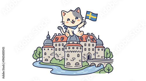 Cute Cat Holding Swedish Flag on Castle