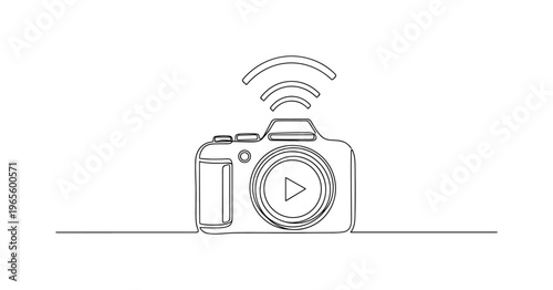 Live Streaming Scene. Minimalistic one-line drawing compact camera on tripod with small broadcast signal accents, continuous single black line on white