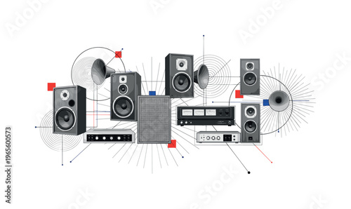 vintage sound equipment collage with speakers and amplifier, black and white realistic devices cut-out with white outline, concentric sound waves and thin