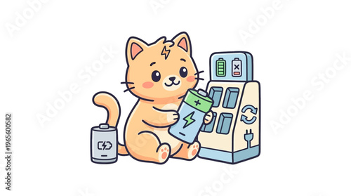 Cute Cartoon Cat with Battery and Charger