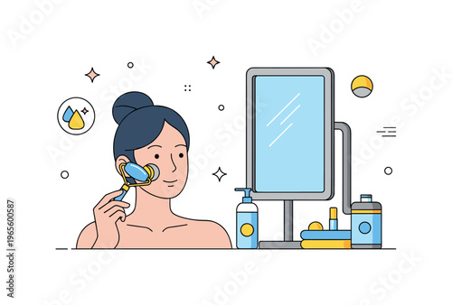 Beauty routine scene featuring a person using a facial roller near a mirror with subtle calming icons conveying wellness, care, and daily ritual. Minimalist