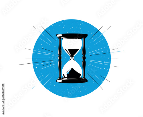 minimal hourglass enclosed in a blue circular frame filled with stars, thin linear elements suggesting movement and time, high contrast black and white