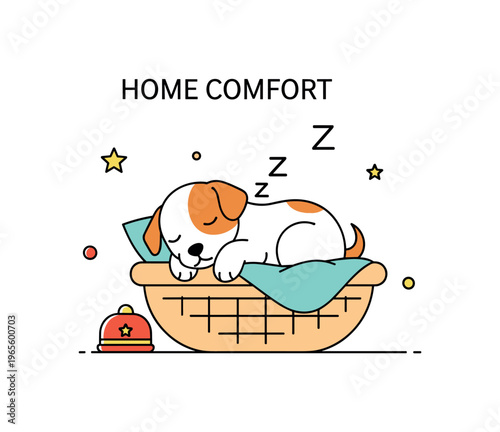 Home comfort dog a tiny puppy sleeping comfortably in a basket with balanced spacing and soft rounded shapes. A warm and inviting visual emphasizing care and